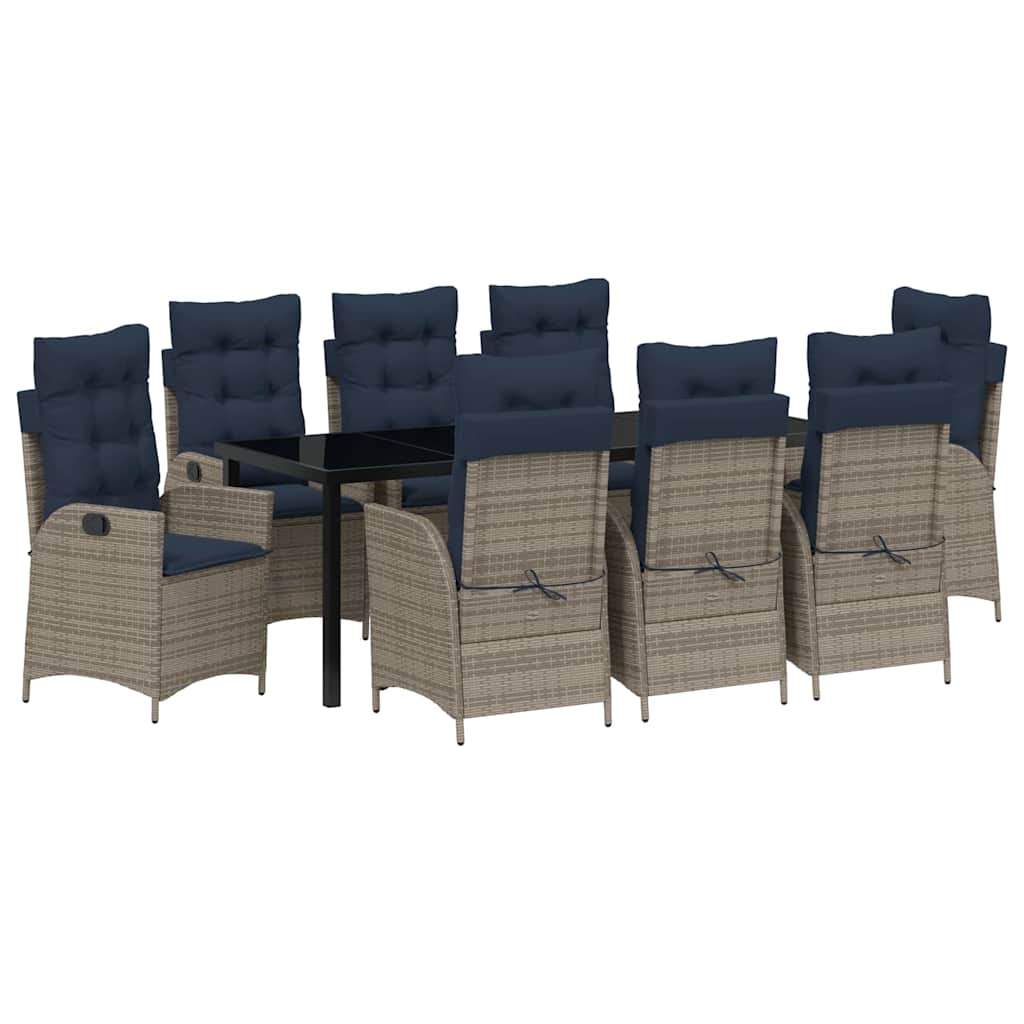 Tuin eettafelset met kussen 9 pcs Grijs en zwart Rattan