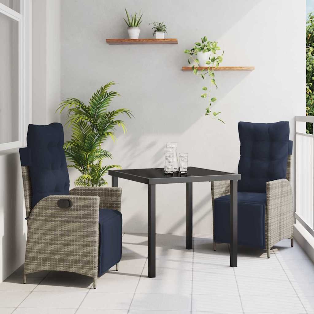 Tuin eettafelset met kussen 3 pcs Grijs en zwart Rattan