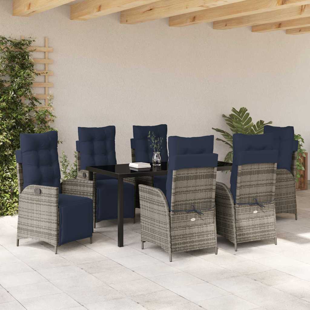 Tuin eettafelset met kussen 7 pcs Grijs en zwart Rattan