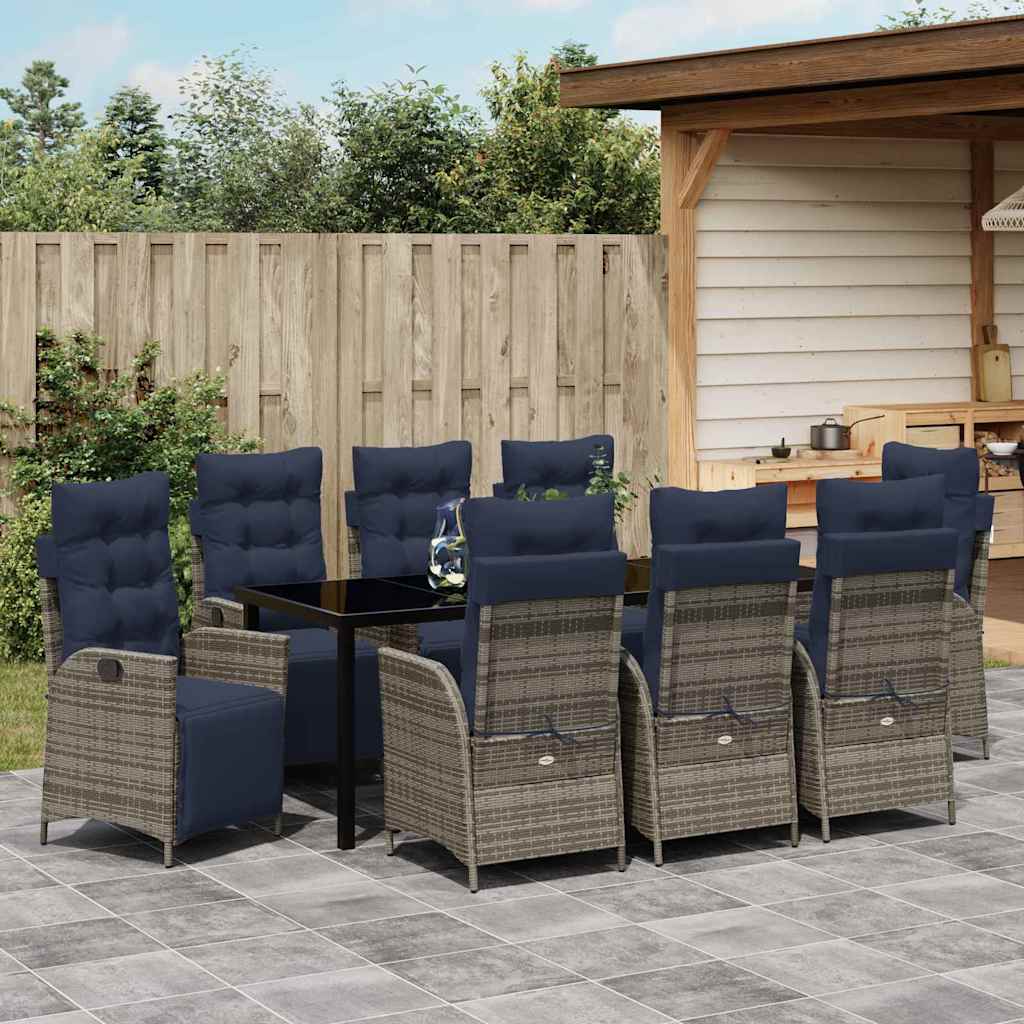 Tuin eettafelset met kussen 9 pcs Grijs en zwart Rattan