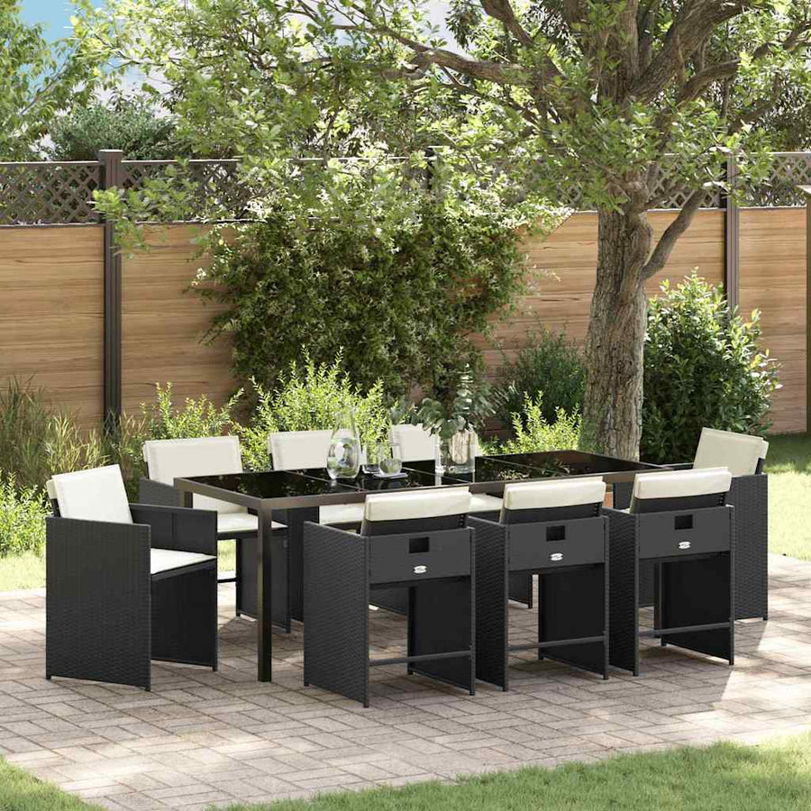Tuin Eettafelset 9 Pcs Poly Rattan 8-persoons Zwart en crèmewit 200 cm