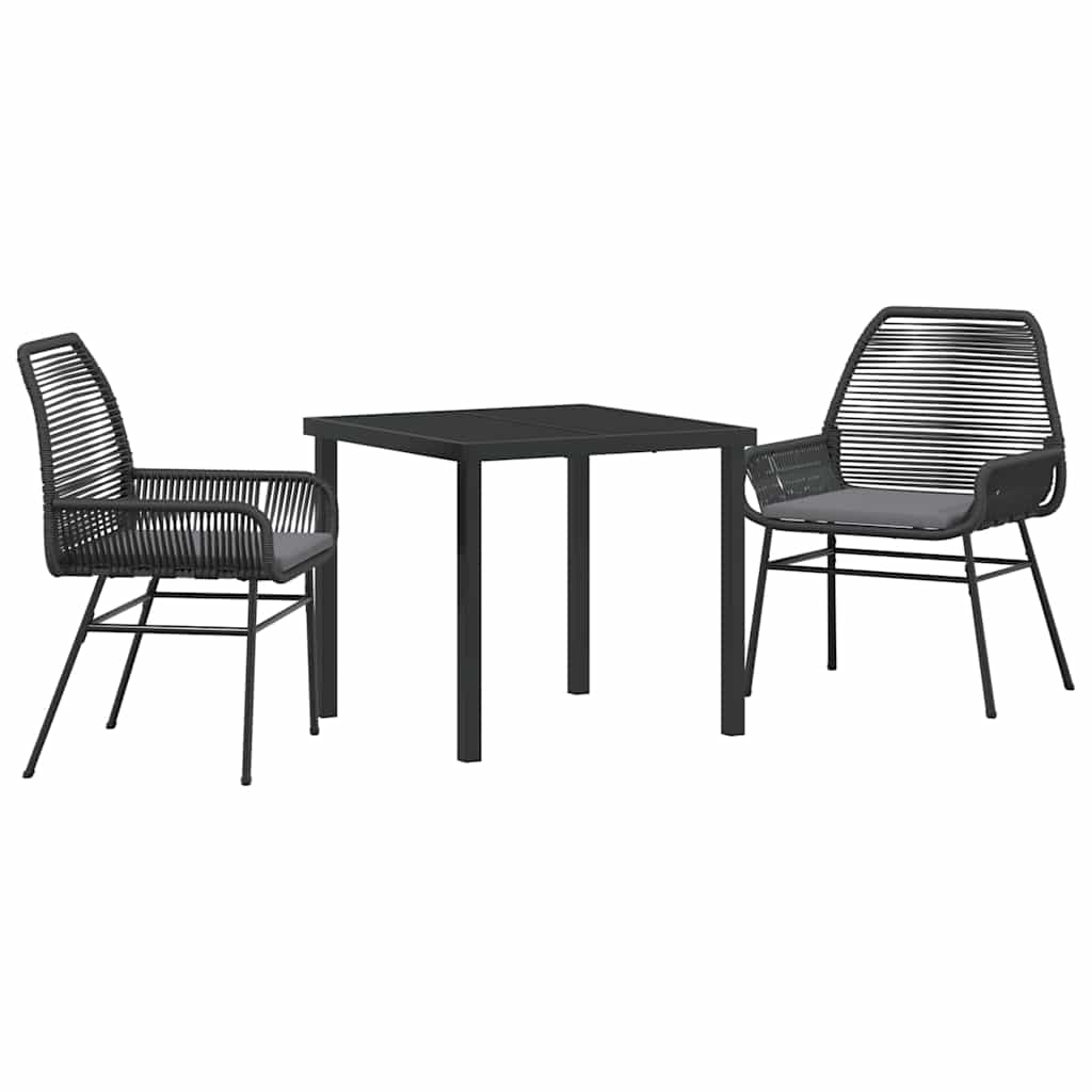 Tuin eettafelset met kussen 3 pcs Zwart poly rattan