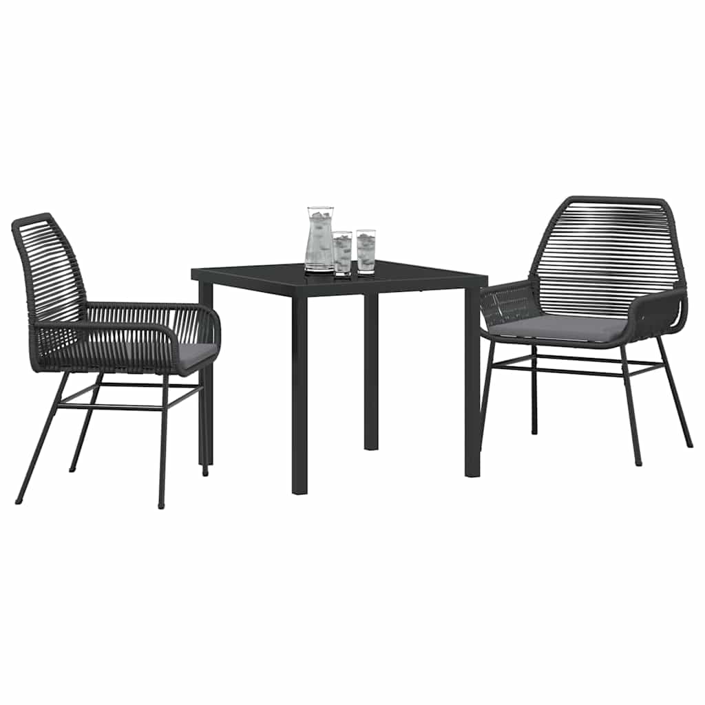 Tuin eettafelset met kussen 3 pcs Zwart poly rattan