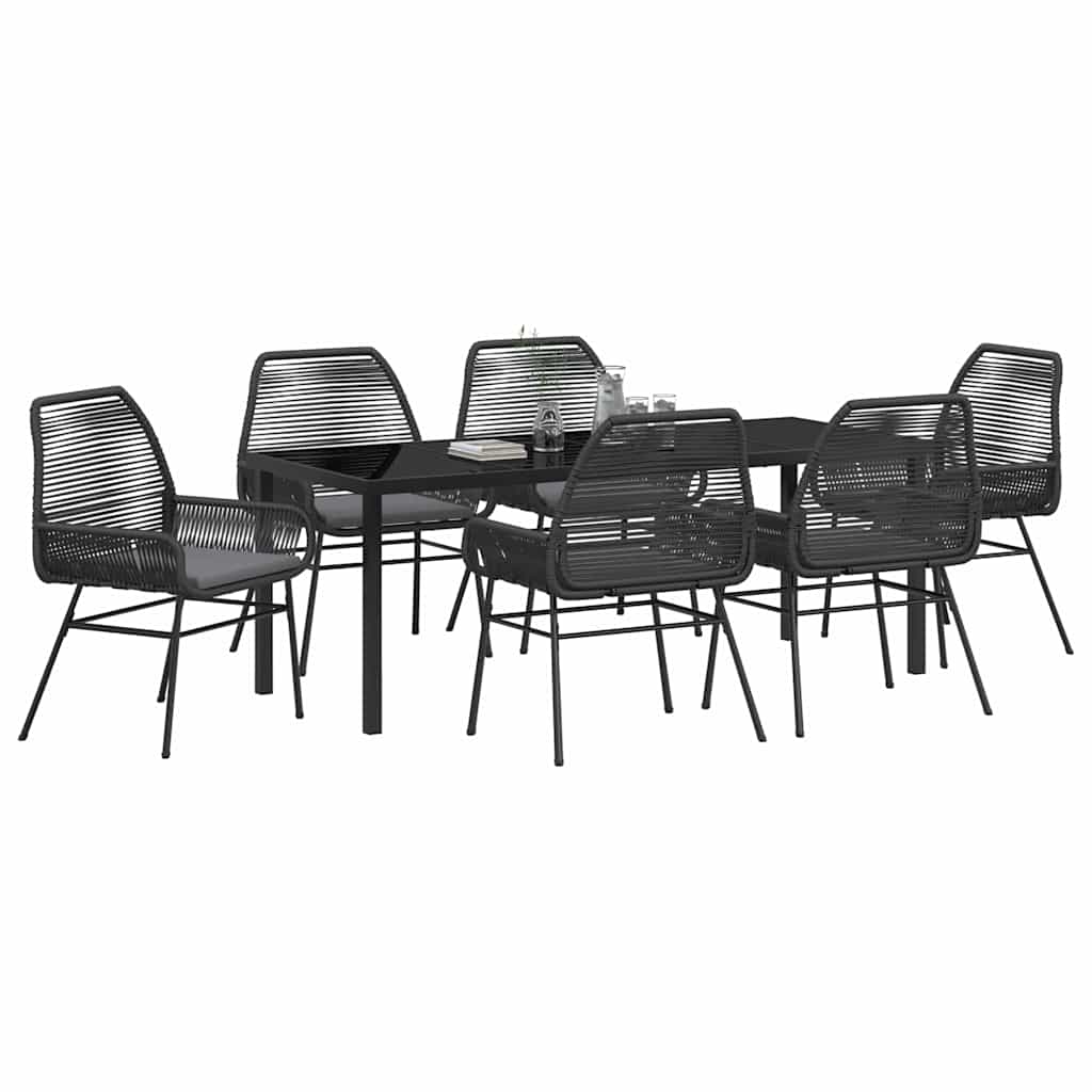 Tuin eettafelset met kussen 7 pcs Zwart poly rattan