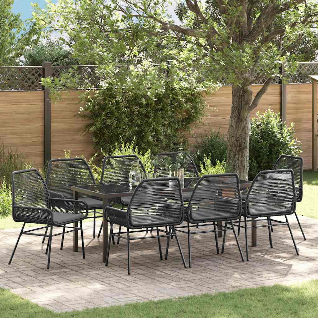 Tuin eettafelset met kussen 9 pcs Zwart poly rattan