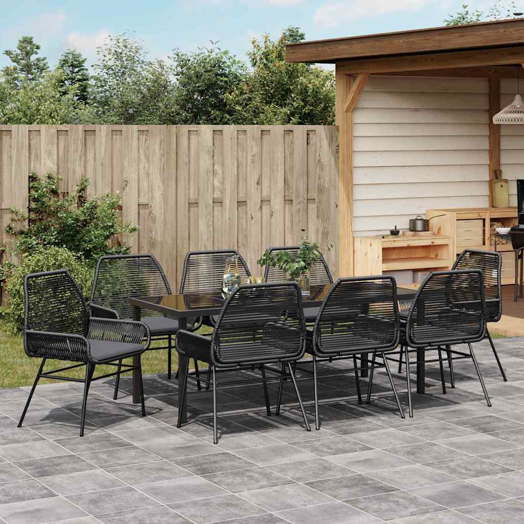 Tuin eettafelset met kussen 9 pcs Zwart poly rattan