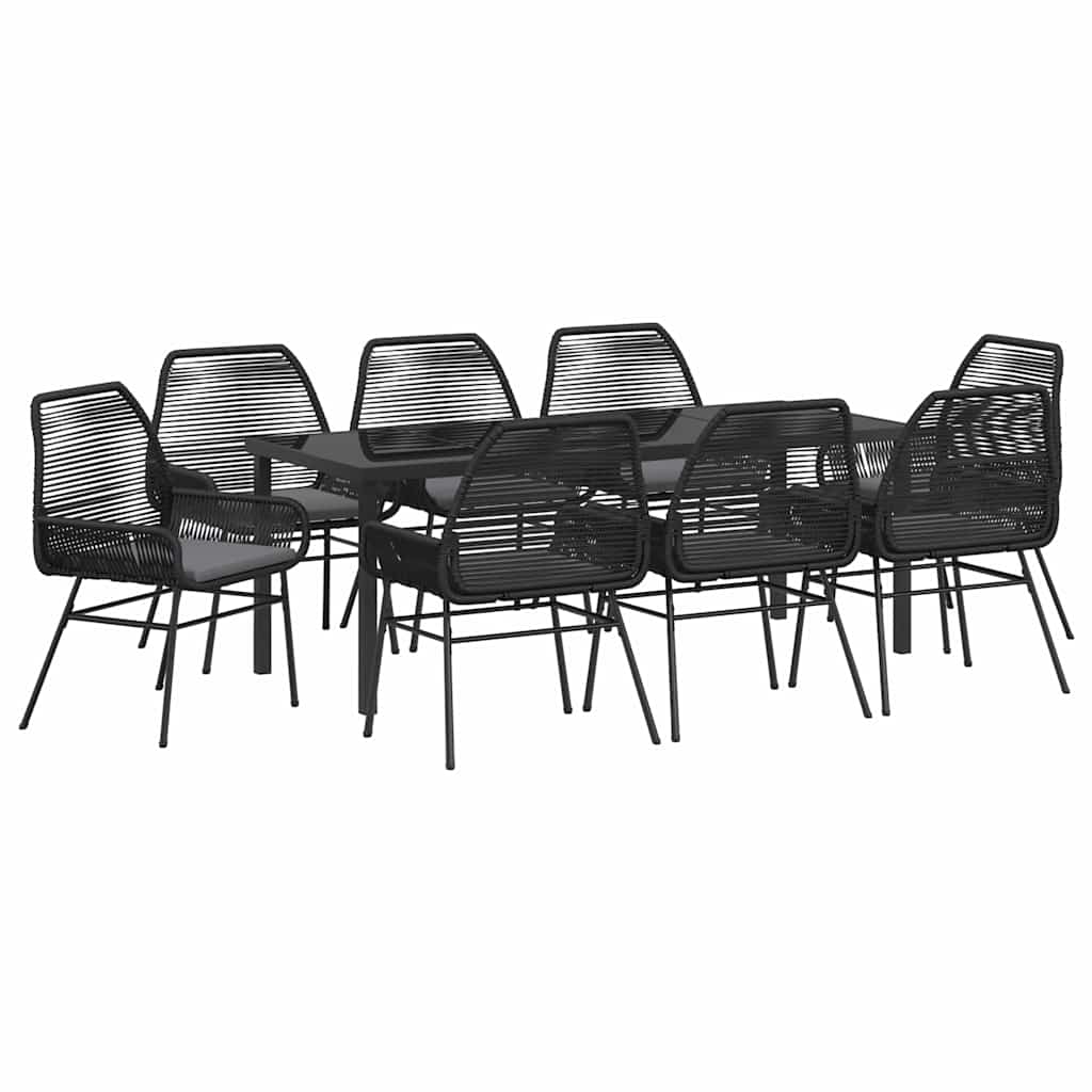 Tuin eettafelset met kussen 9 pcs Zwart poly rattan