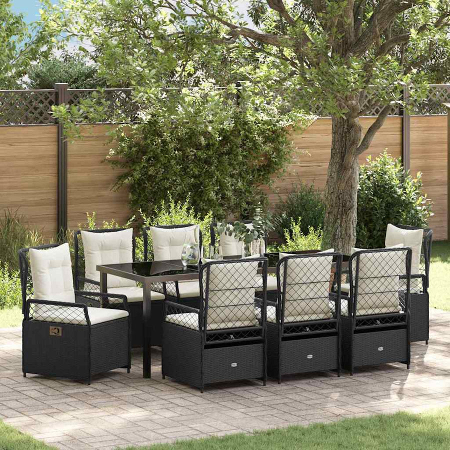Tuin eettafelset 9 pcs Zwart poly rattan