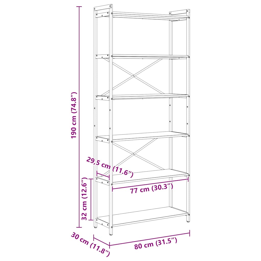 Boekenkast Gerookt eiken 80 x 30 x 188 cm Hout en Staal