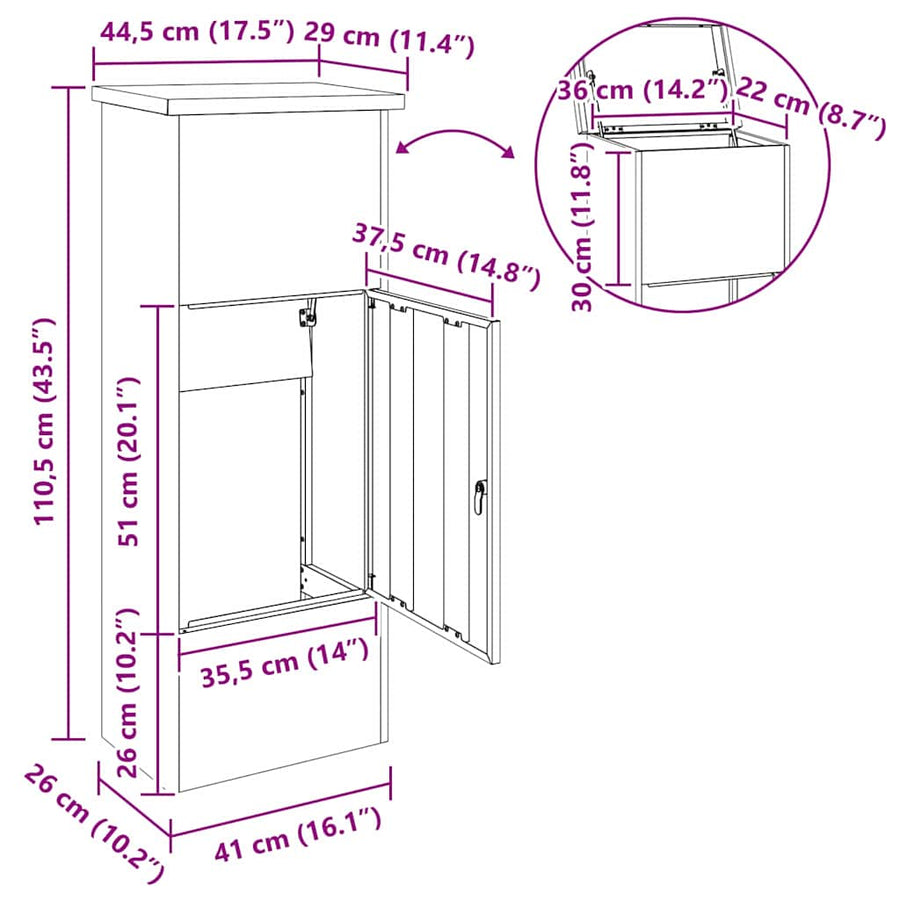 Pakket inwerp box Antraciet 44.5 x 29 x 110.5 cm Staal