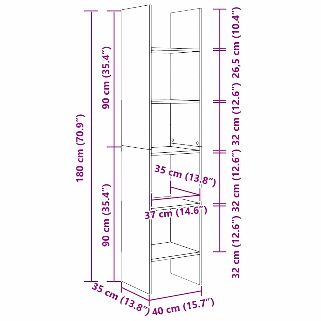 Boekenkast Zwart eiken 40 x 35 x 180 cm Bewerkt hout