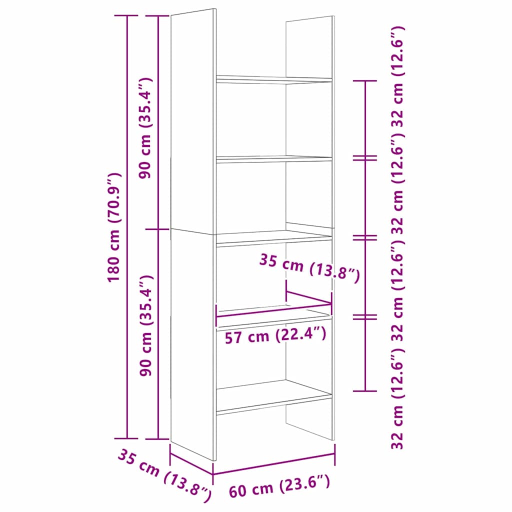 Boekenkast Oud hout 60 x 35 x 180 cm Bewerkt hout
