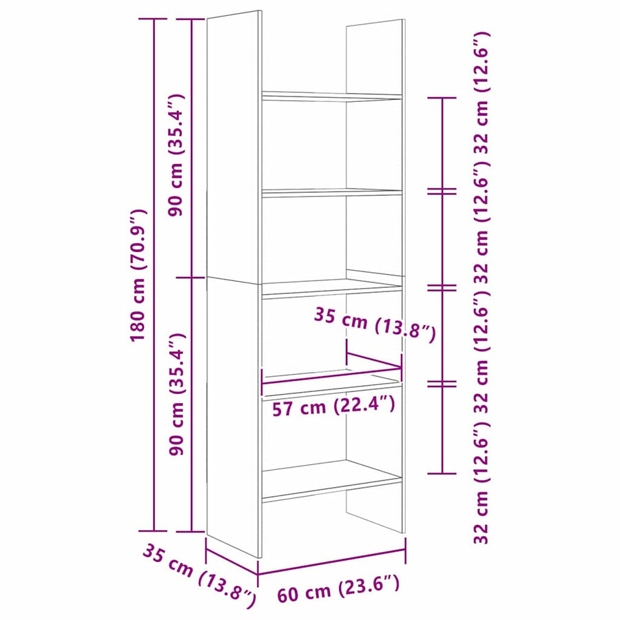 Boekenkast Zwart eiken 60 x 35 x 180 cm Bewerkt hout