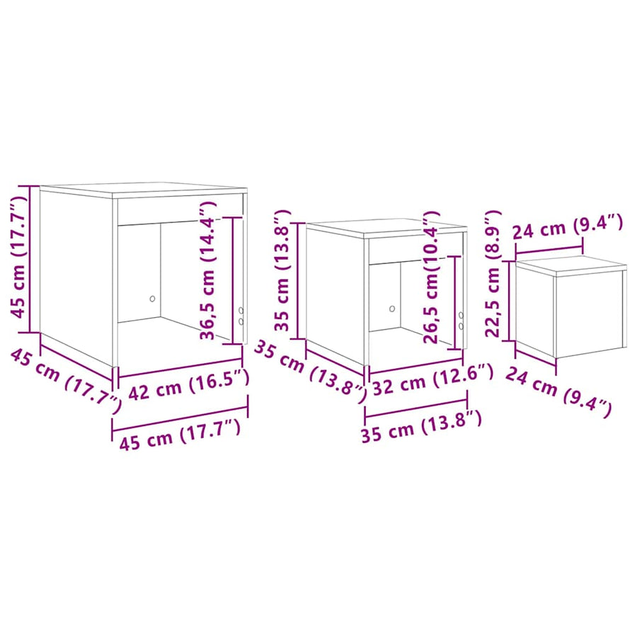 Salontafels 3 pcs Zwart eiken 45 x 45 x 45 cm Bewerkt hout