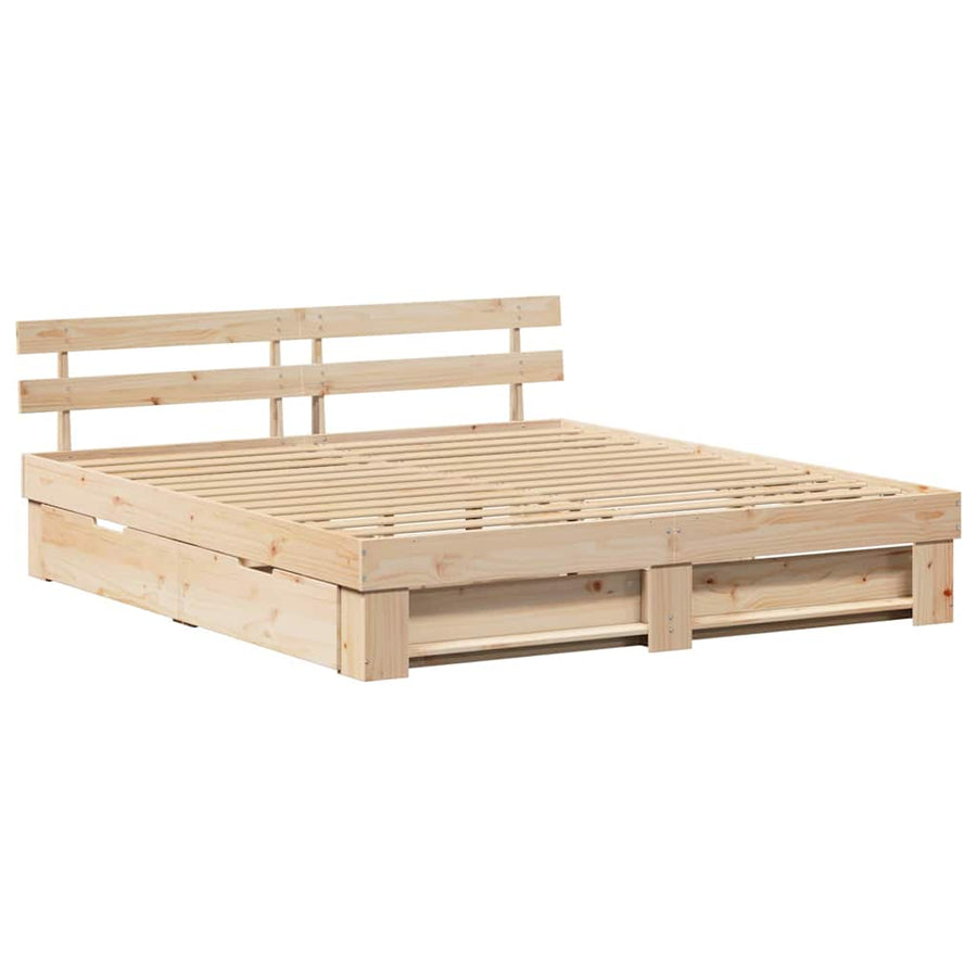 Bedframe met lade met hoofdeinde met opslag Bruin 200 x 200 cm Massief grenenhout