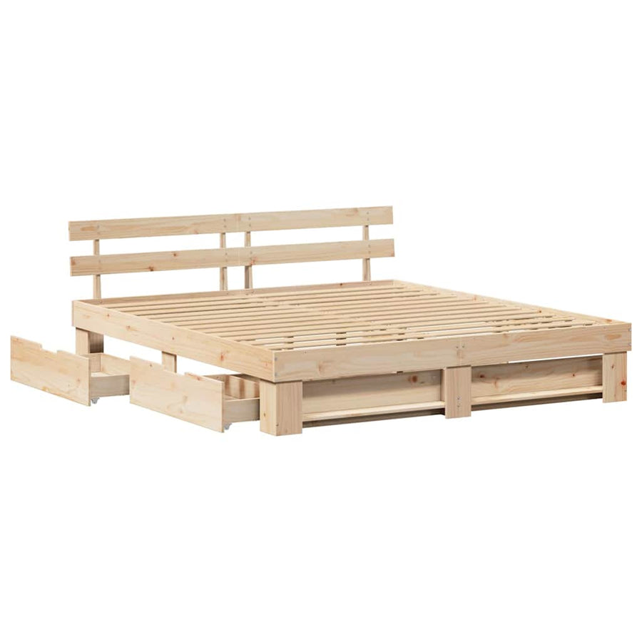 Bedframe met lade met hoofdeinde met opslag Bruin 200 x 200 cm Massief grenenhout