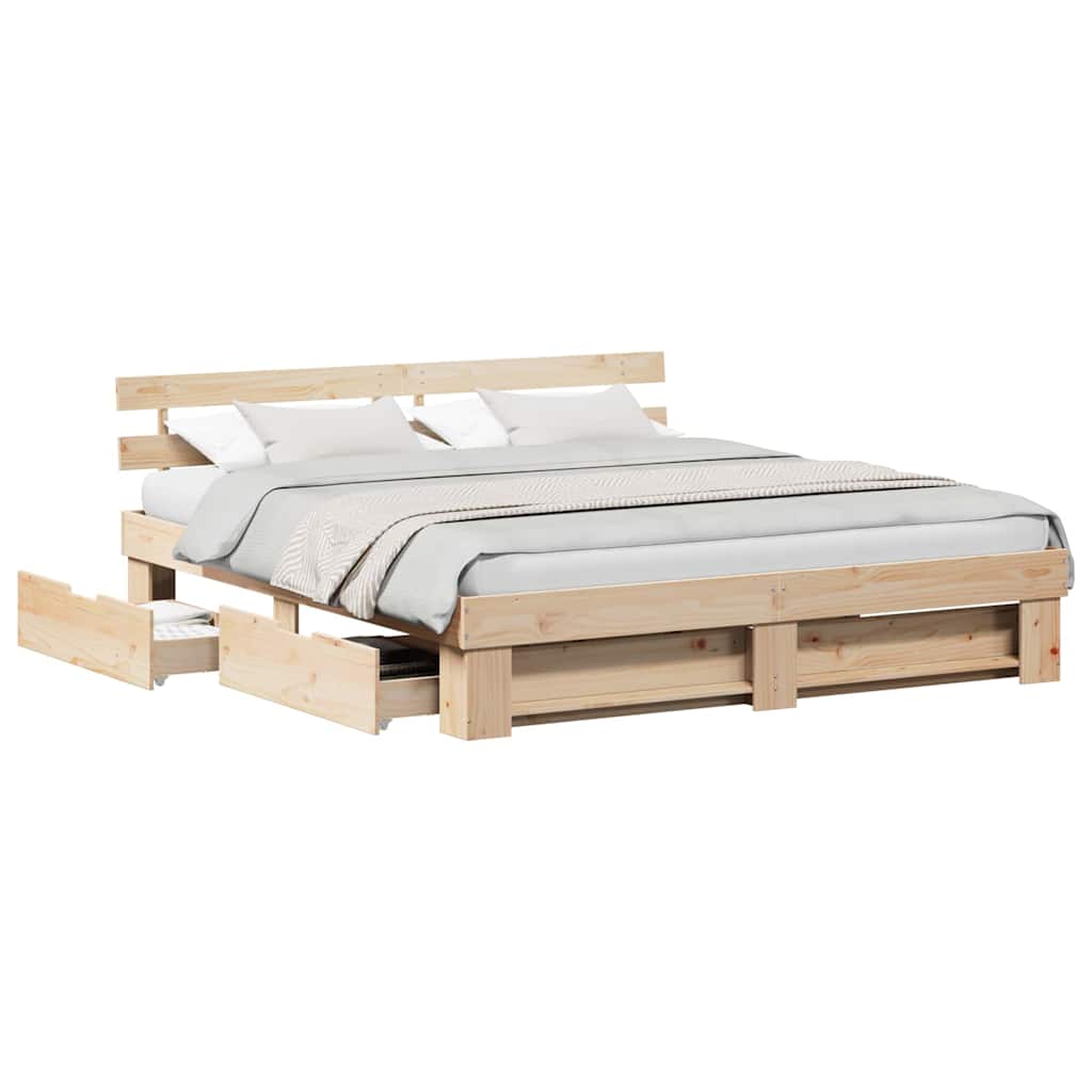 Bedframe met lade met hoofdeinde met opslag Bruin 180 x 200 cm Massief grenenhout