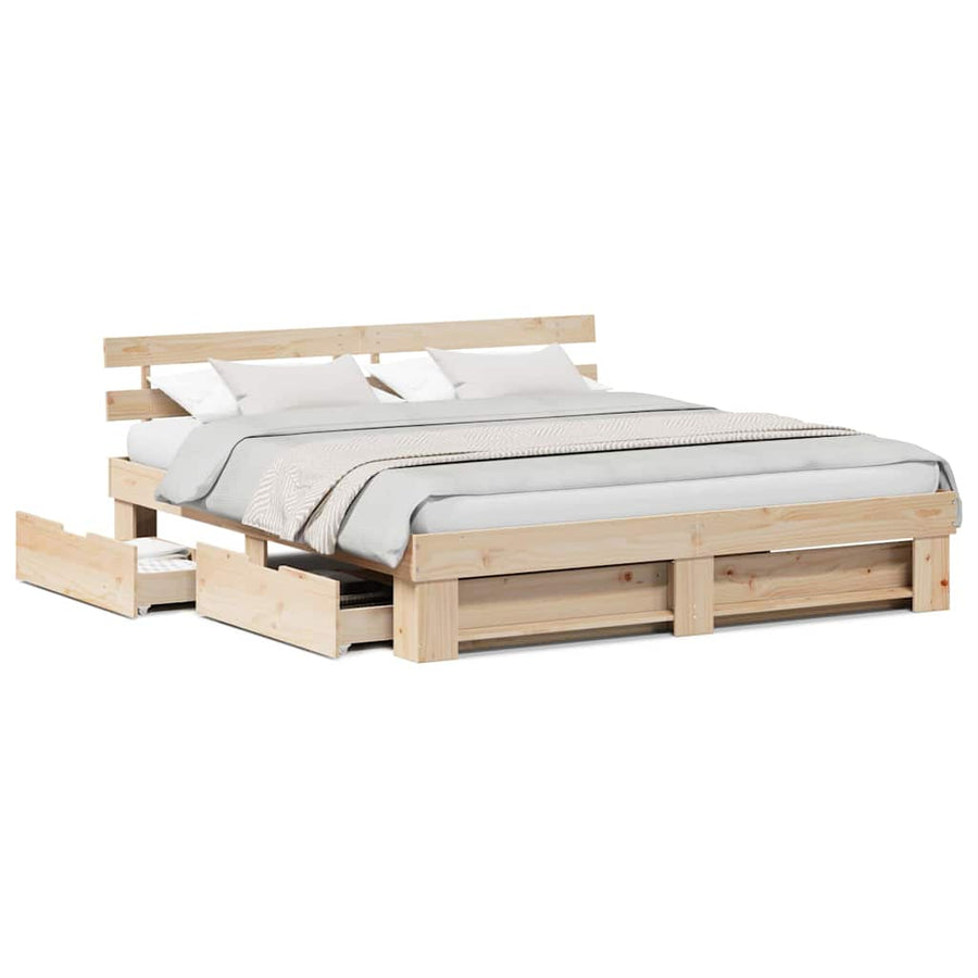 Bedframe met lade met hoofdeinde met opslag Bruin 180 x 200 cm Massief grenenhout