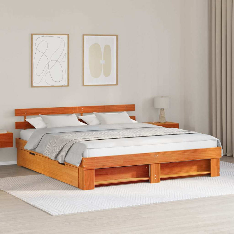 Bedframe met lade met hoofdeinde met opslag Wasbruin 180 x 200 cm Massief hout