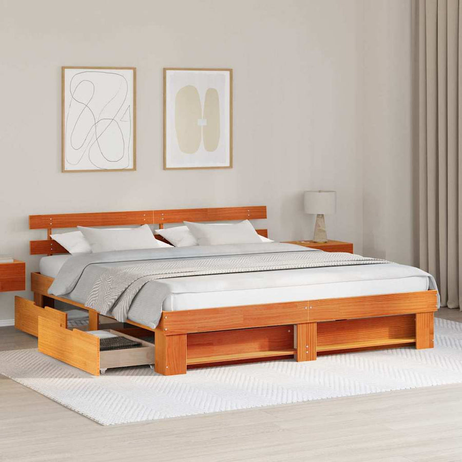 Bedframe met lade met hoofdeinde met opslag Wasbruin 180 x 200 cm Massief hout
