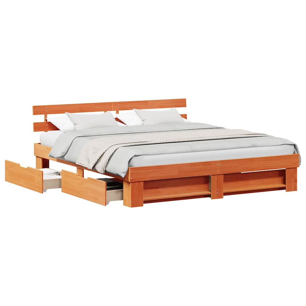 Bedframe met lade met hoofdeinde met opslag Wasbruin 180 x 200 cm Massief hout