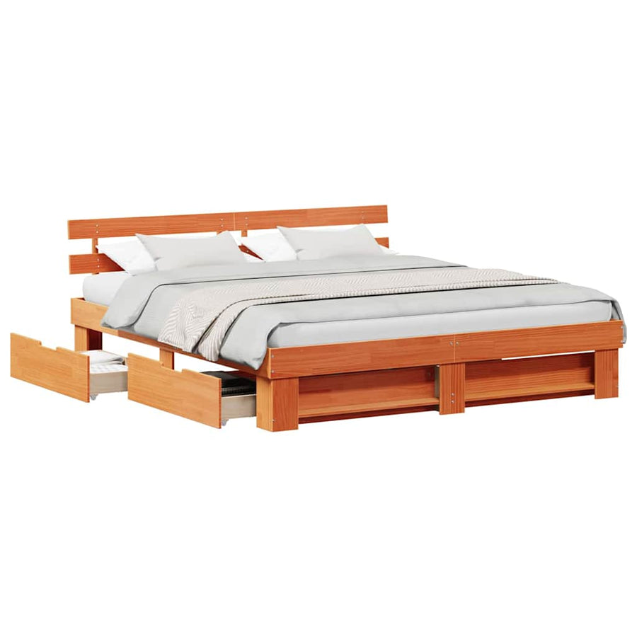 Bedframe met lade met hoofdeinde met opslag Wasbruin 180 x 200 cm Massief hout