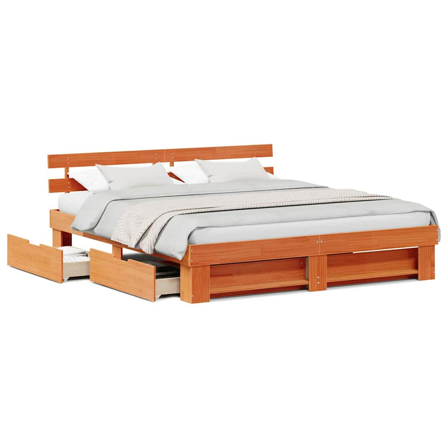Bedframe met lade met hoofdeinde met opslag Wasbruin 180 x 200 cm Massief hout