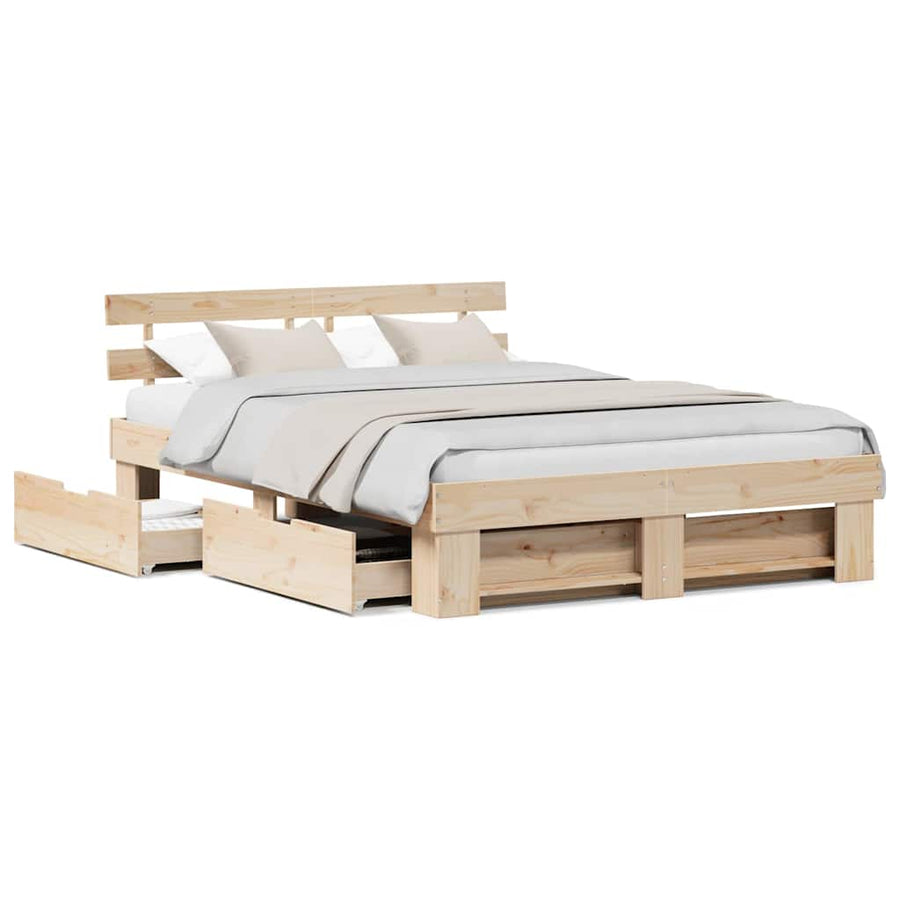 Bedframe met lade met hoofdeinde met opslag Bruin 160 x 200 cm Massief grenenhout