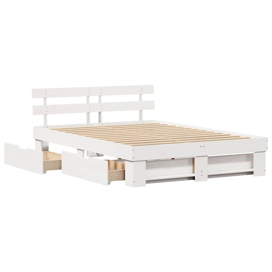 Bedframe met lade met hoofdeinde met opslag Wit 160 x 200 cm Massief grenenhout