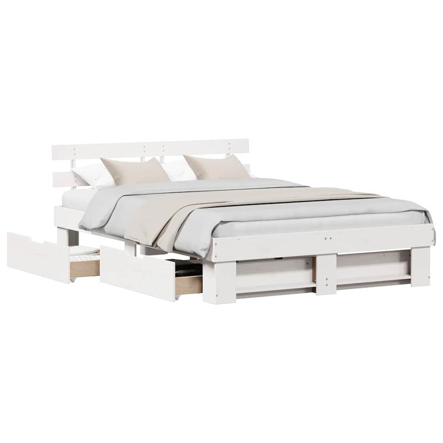 Bedframe met lade met hoofdeinde met opslag Wit 160 x 200 cm Massief grenenhout