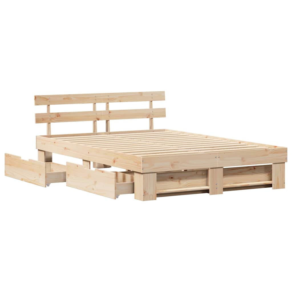 Bedframe met lade met hoofdeinde met opslag Bruin 150 x 200 cm Massief grenenhout