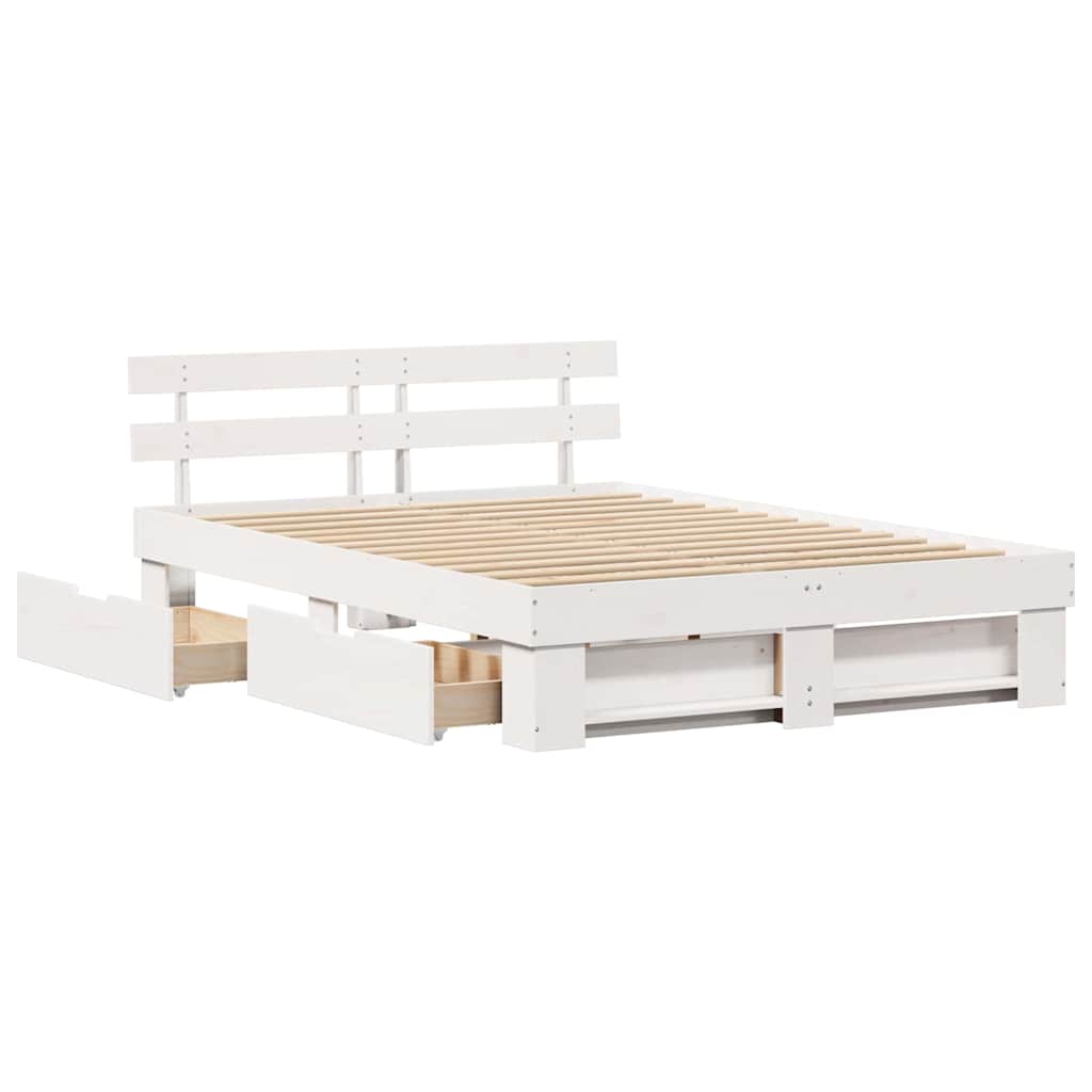 Bedframe met lade met hoofdeinde met opslag Wit 150 x 200 cm Massief grenenhout