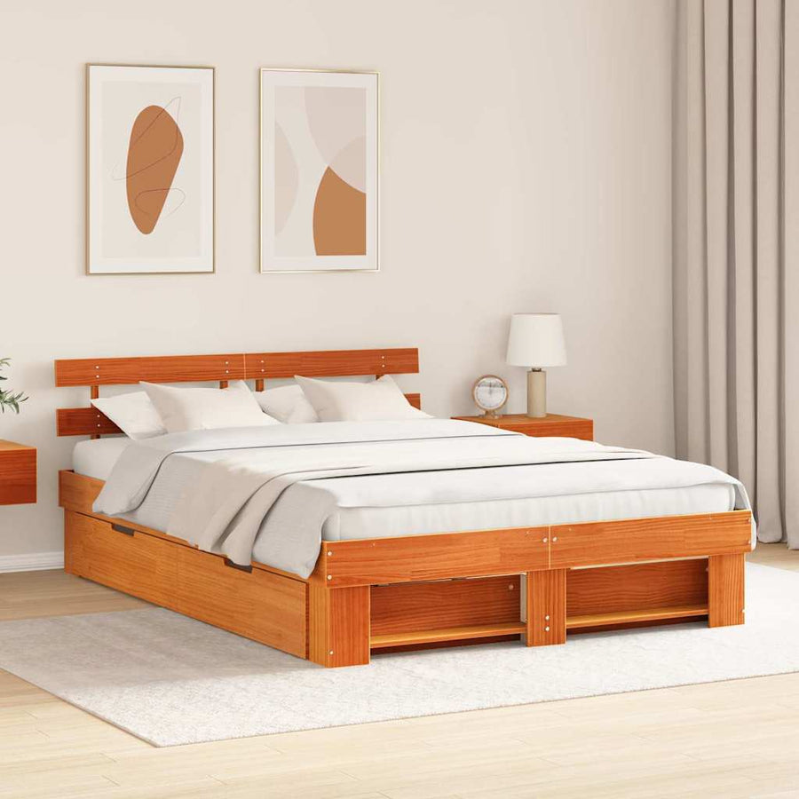 Bedframe met lade met hoofdeinde met opslag Wasbruin 150 x 200 cm Massief hout