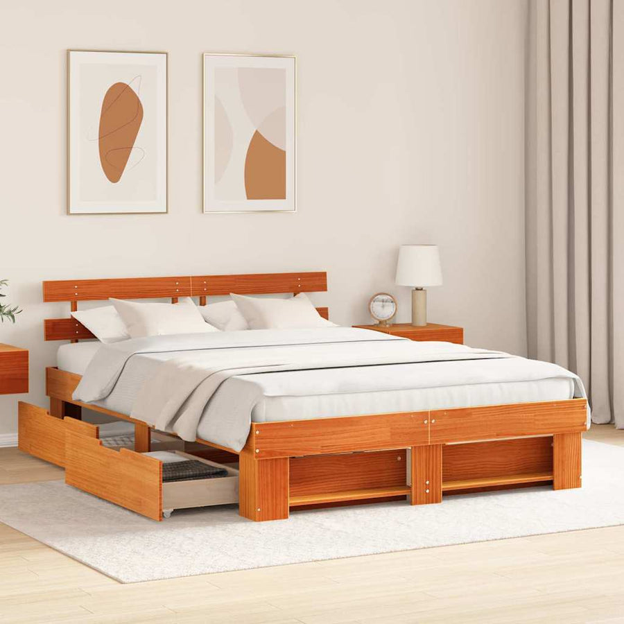 Bedframe met lade met hoofdeinde met opslag Wasbruin 150 x 200 cm Massief hout