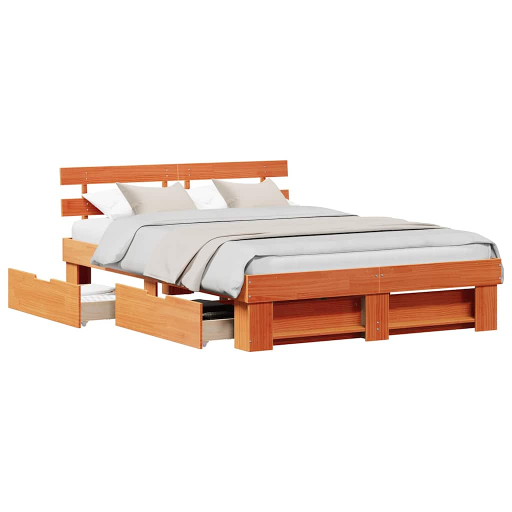 Bedframe met lade met hoofdeinde met opslag Wasbruin 150 x 200 cm Massief hout