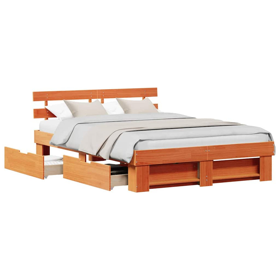 Bedframe met lade met hoofdeinde met opslag Wasbruin 150 x 200 cm Massief hout