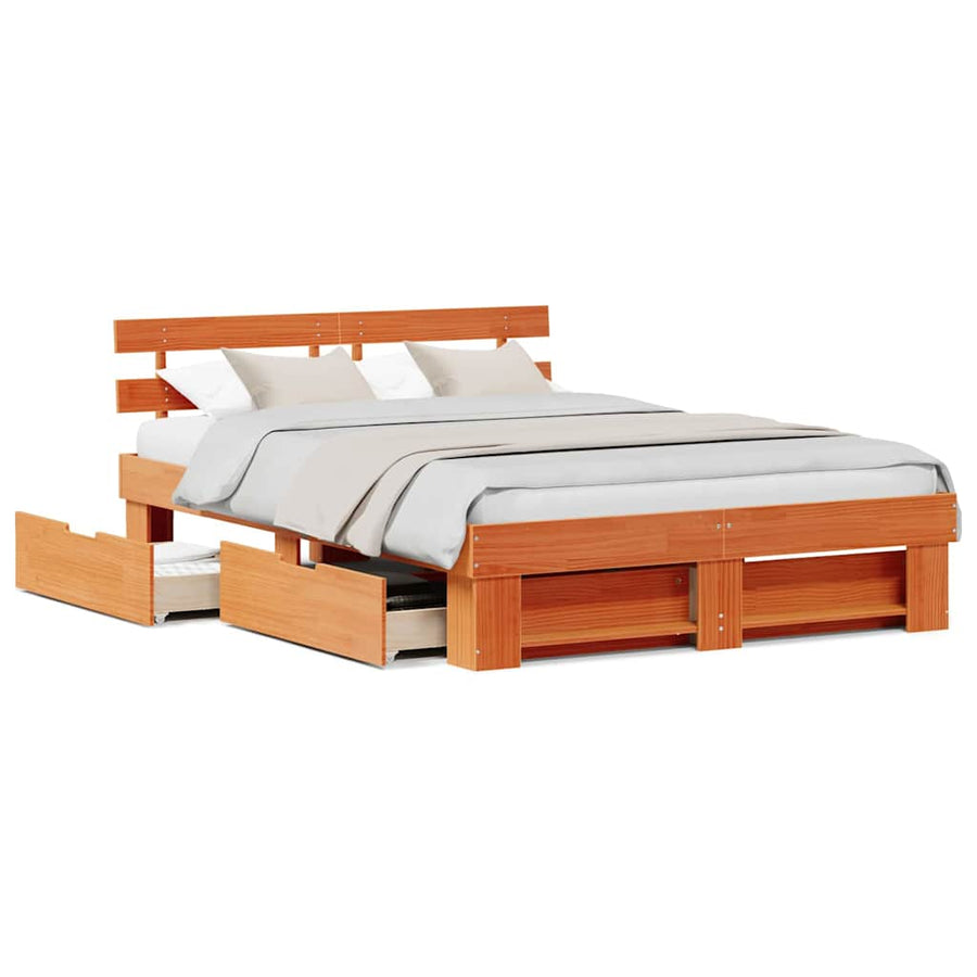 Bedframe met lade met hoofdeinde met opslag Wasbruin 150 x 200 cm Massief hout
