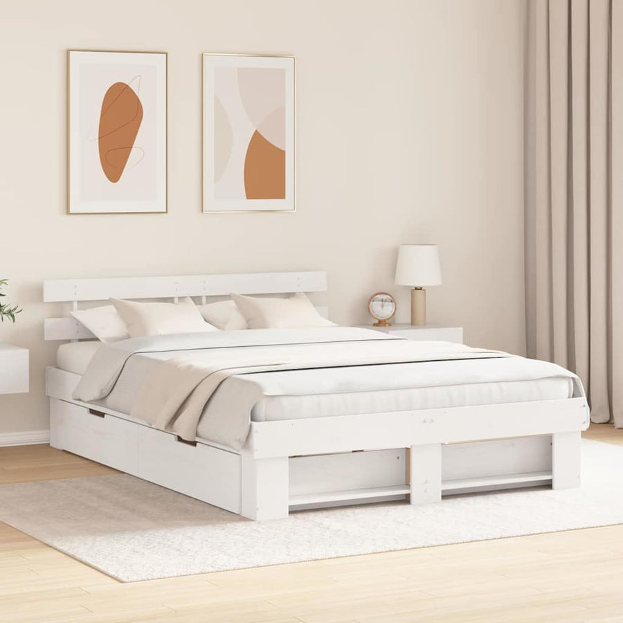 Bedframe met lade met hoofdeinde met opslag Wit 140 x 200 cm Grenenhout