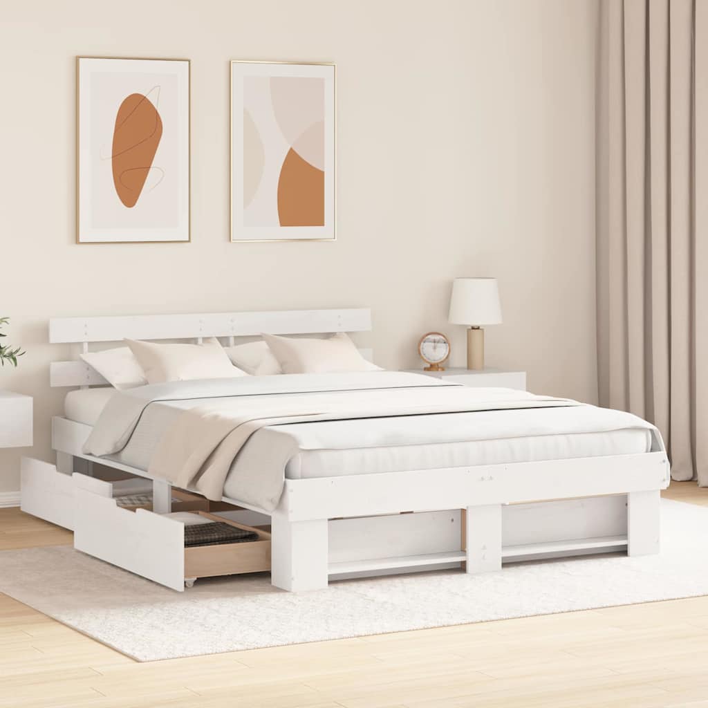 Bedframe met lade met hoofdeinde met opslag Wit 140 x 200 cm Grenenhout