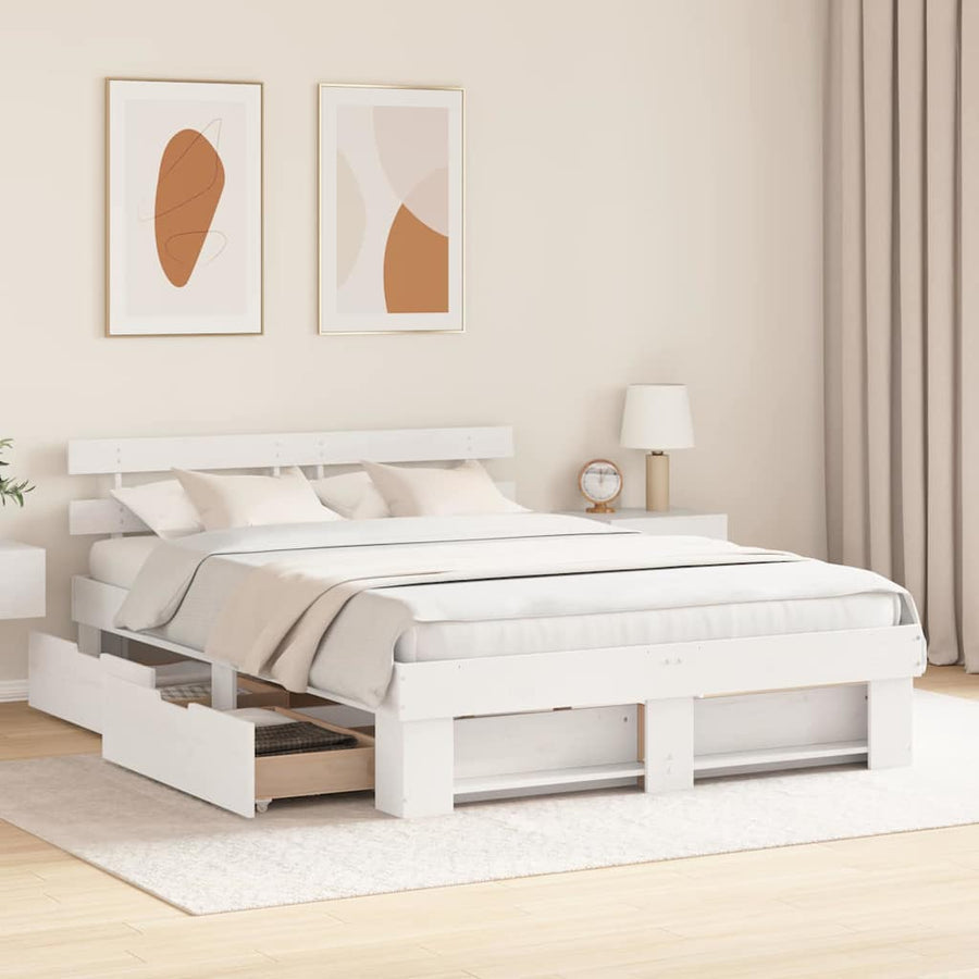 Bedframe met lade met hoofdeinde met opslag Wit 140 x 200 cm Grenenhout