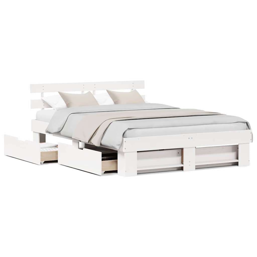 Bedframe met lade met hoofdeinde met opslag Wit 140 x 200 cm Grenenhout