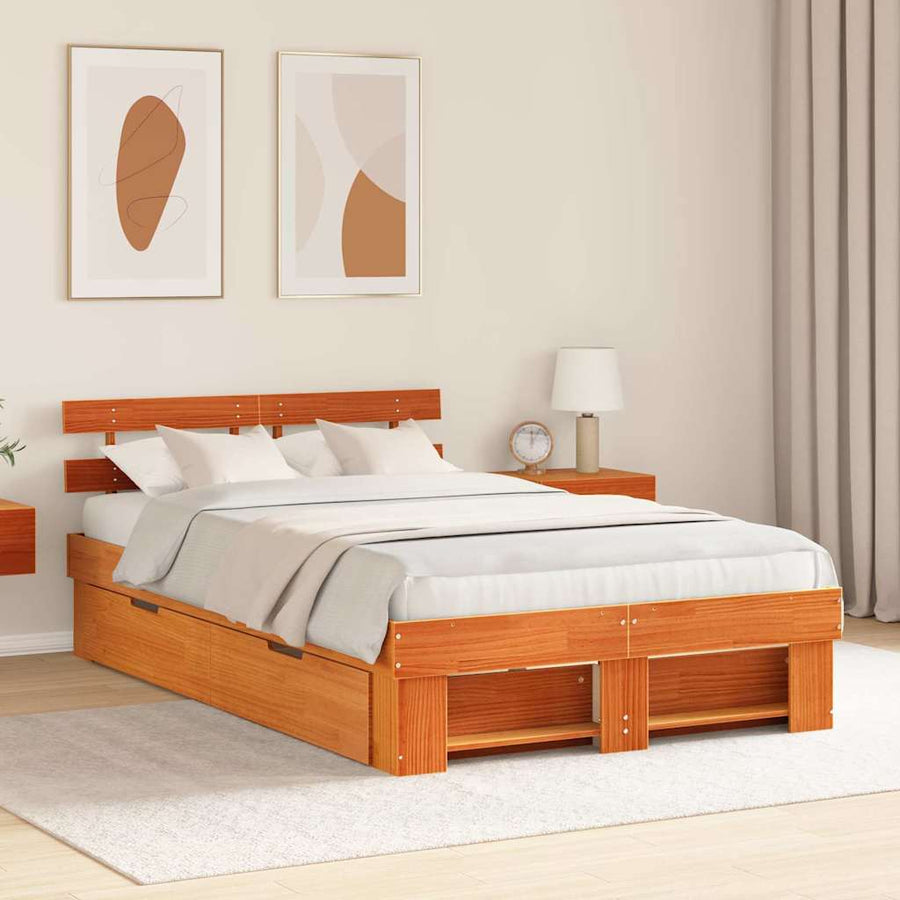 Bedframe met lade met hoofdeinde met opslag Wasbruin 120 x 200 cm Massief hout