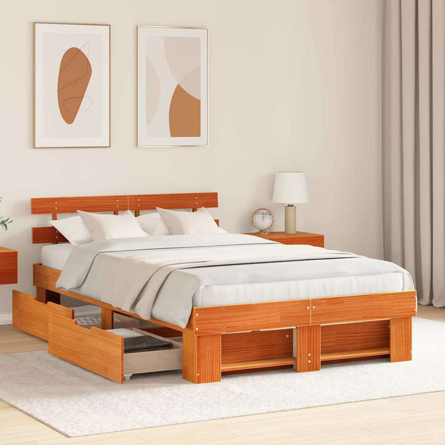 Bedframe met lade met hoofdeinde met opslag Wasbruin 120 x 200 cm Massief hout