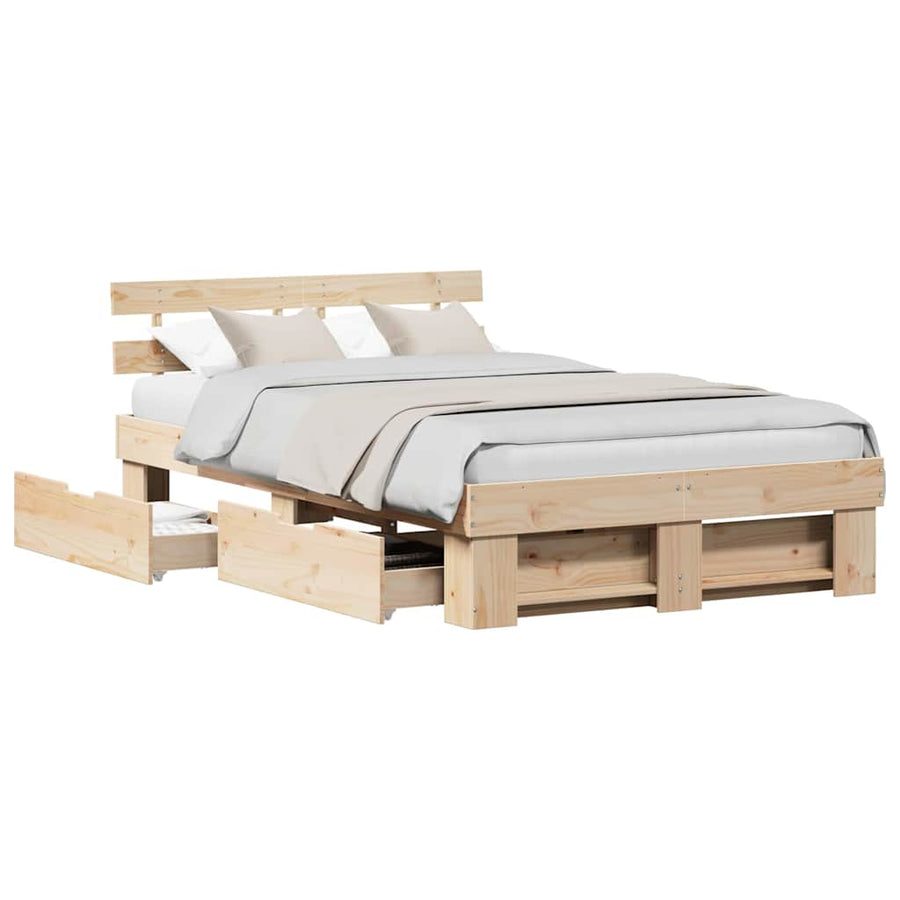 Bedframe met lade met hoofdeinde met opslag Bruin 120 x 190 cm Massief grenenhout