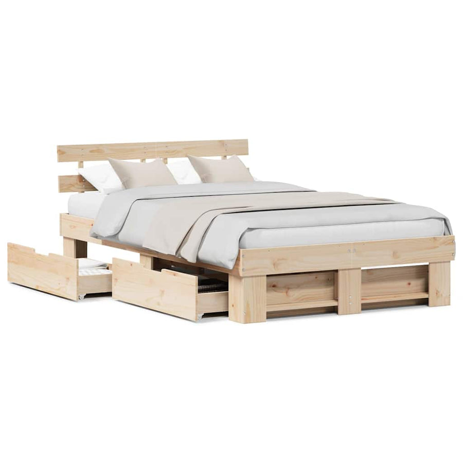 Bedframe met lade met hoofdeinde met opslag Bruin 120 x 190 cm Massief grenenhout