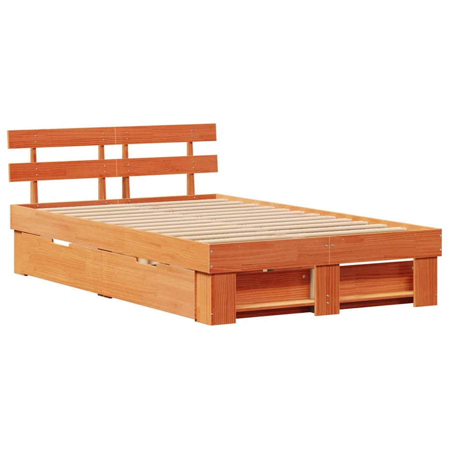 Bedframe met lade met hoofdeinde met opslag Wasbruin 120 x 190 cm Massief hout