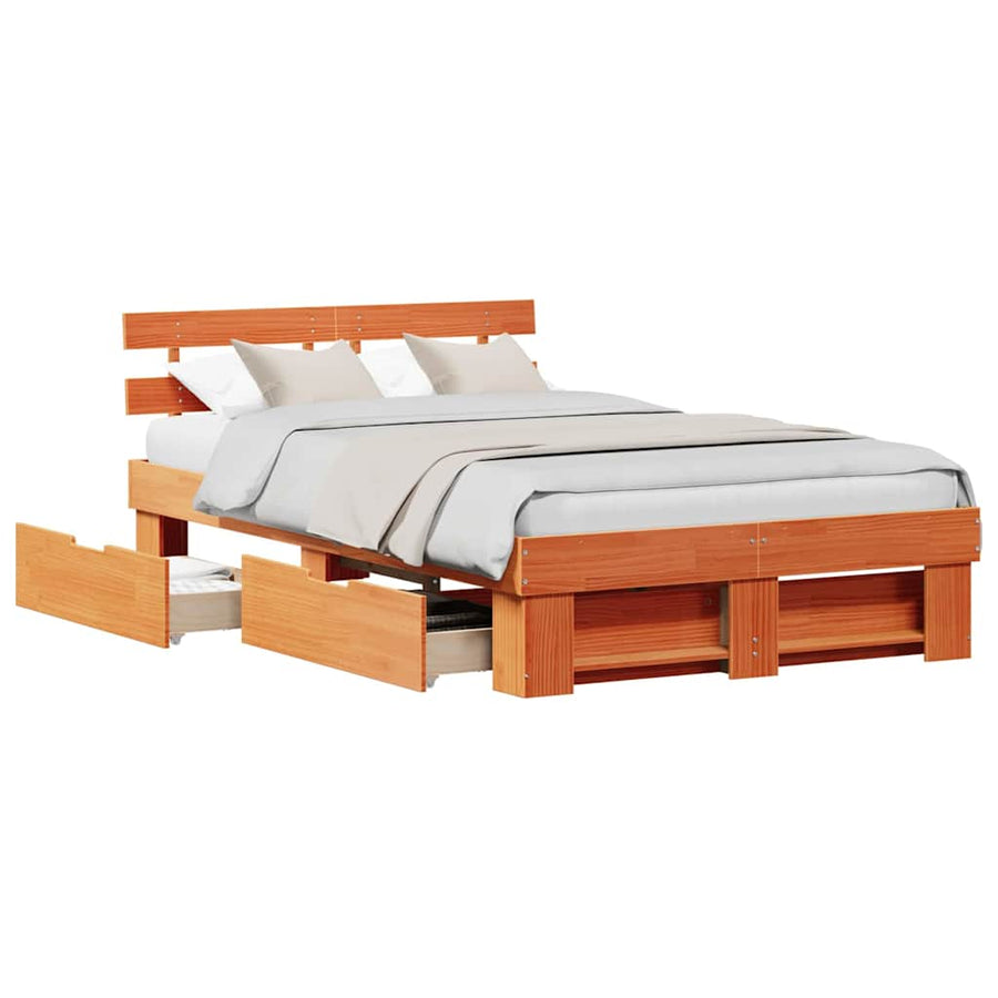 Bedframe met lade met hoofdeinde met opslag Wasbruin 120 x 190 cm Massief hout