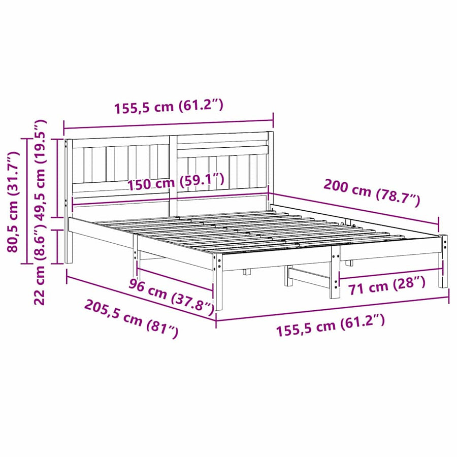 Bedframe met hoofdeinde Wit 150 x 200 cm Massief grenenhout