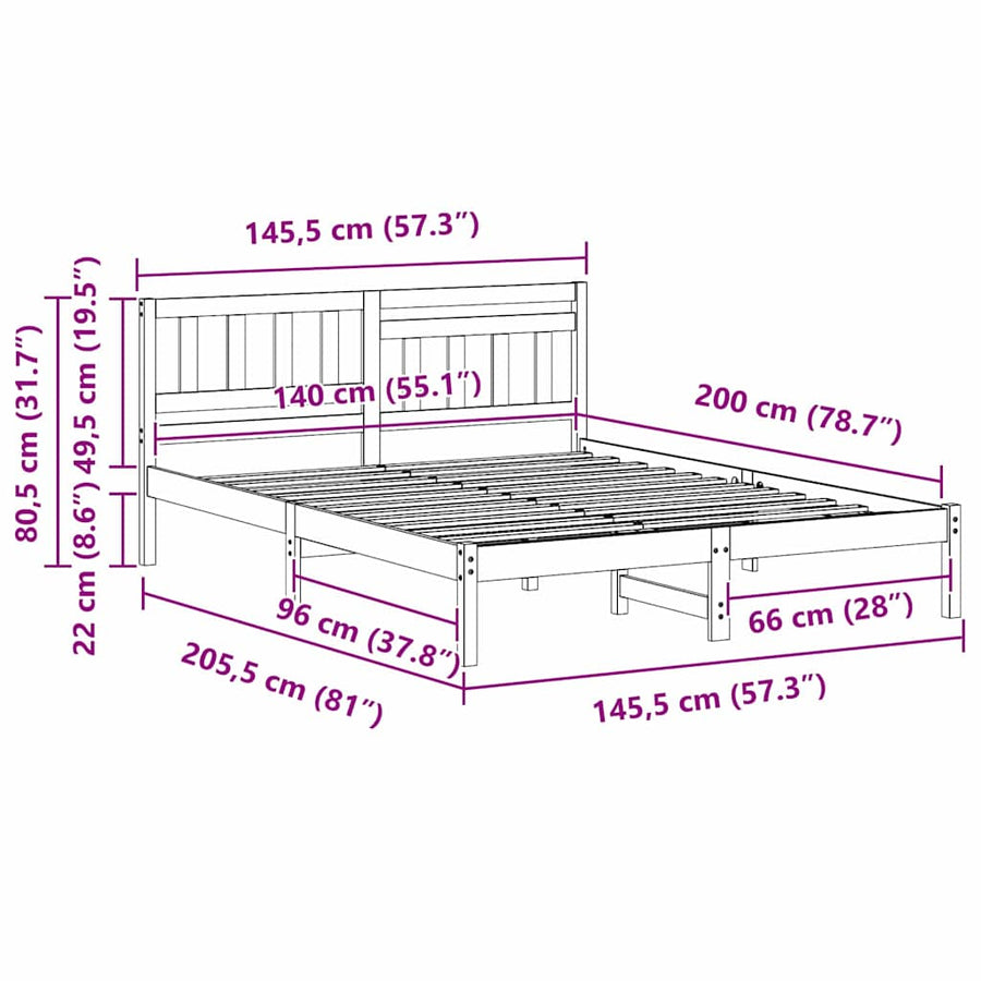 Bedframe met hoofdeinde Bruin 140 x 200 cm Massief grenenhout