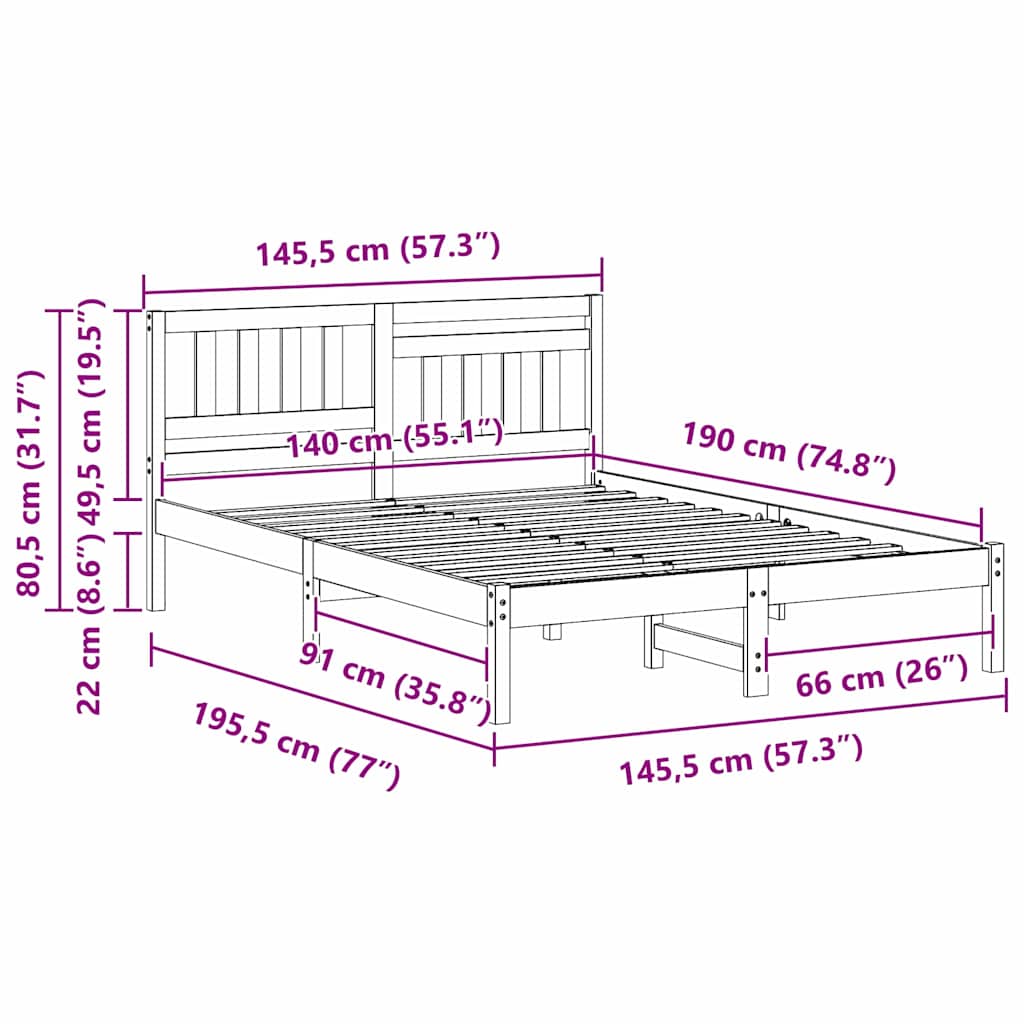 Bedframe met hoofdeinde Bruin 140 x 190 cm Massief grenenhout